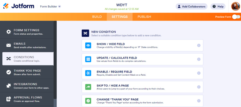 Google Forms vs. Jotform | Conditional logic JotForm