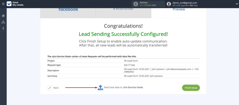 Facebook and Jira Service Desk integration |&nbsp;Send test data to Jira Service Desk