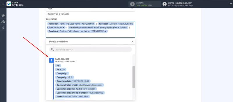 Facebook and Jira Software Cloud integration | Select the&nbsp;value from the dropdown list