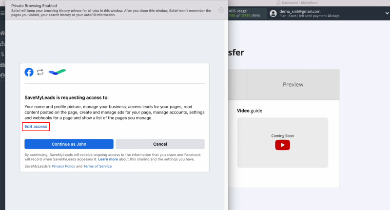 Facebook and MailerSend integration | Click “Edit access”