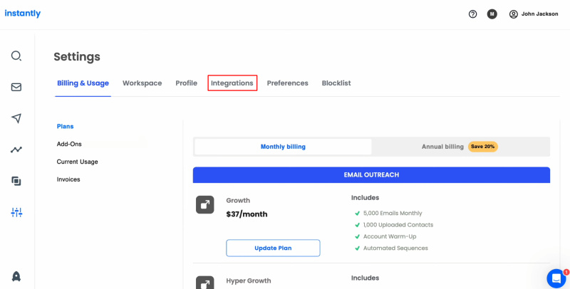 Facebook Leads and Instantly integration | Go to the “Integration” section