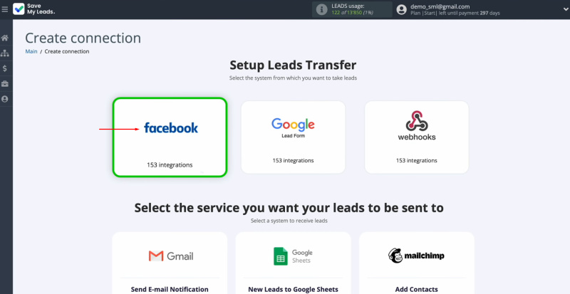 Facebook and Telegram integration | Select the Facebook