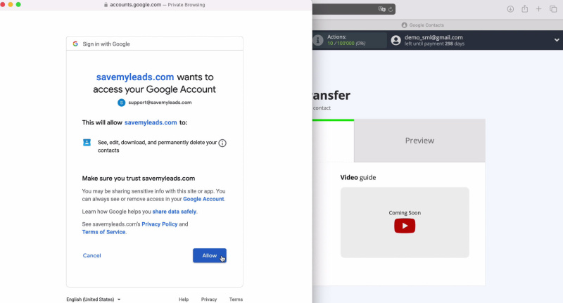 Facebook and Google Contacts integration | Give Save My Leads all the necessary permissions