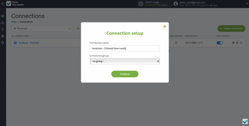 Facebook and Clickatell integration | Change the connection name and add it to the group