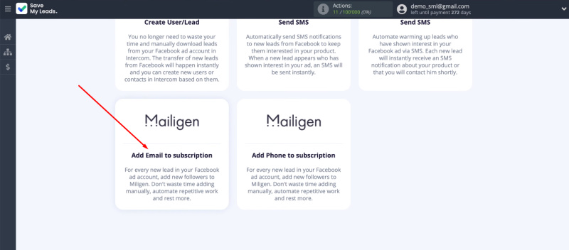 Facebook and Mailigen integration | Select&nbsp;template for setting up integration