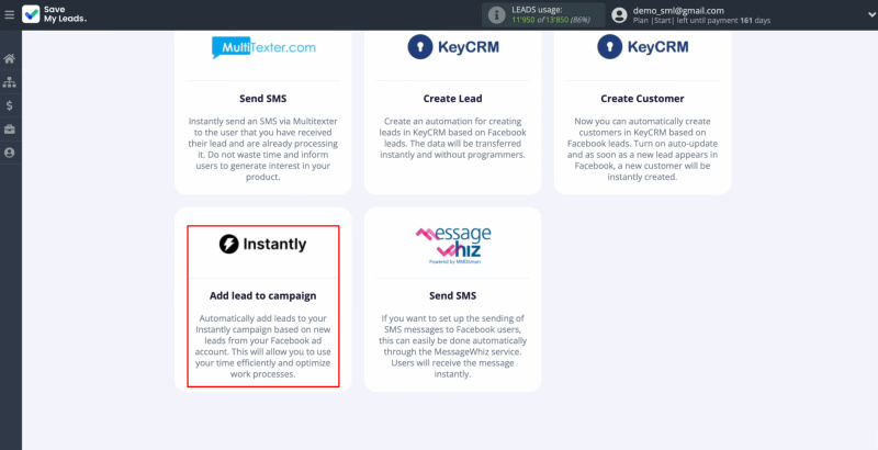 Facebook Instantly integration | Select the system where you want to transfer new leads