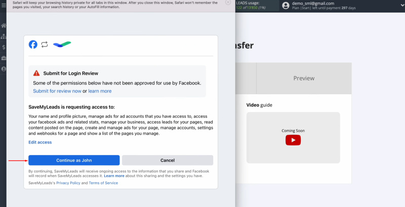 Facebook and Telegram integration | Click “Continue as…”