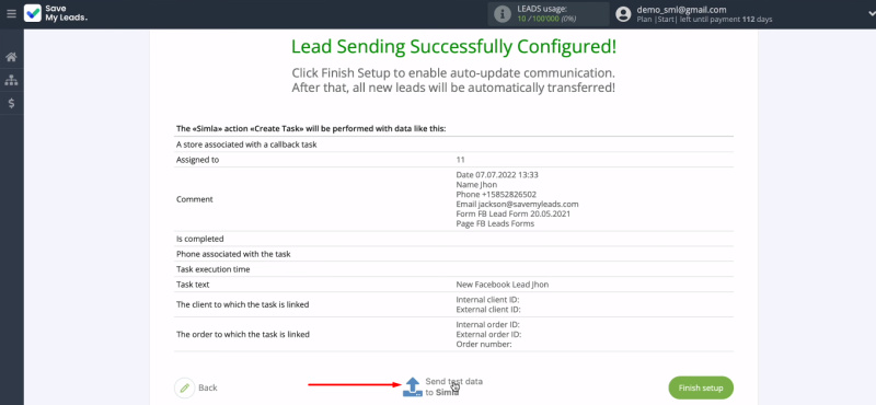 Facebook and Simla integration | Send test data to Simla