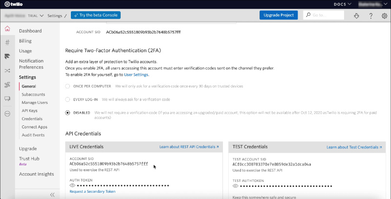 Facebook and Twilio integration | Copy SID and Token