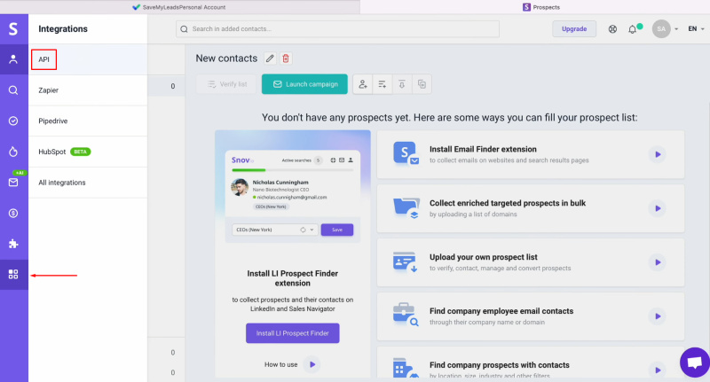 Snov.io and Facebook integration | Go to “Settings”, and then – to “API” section