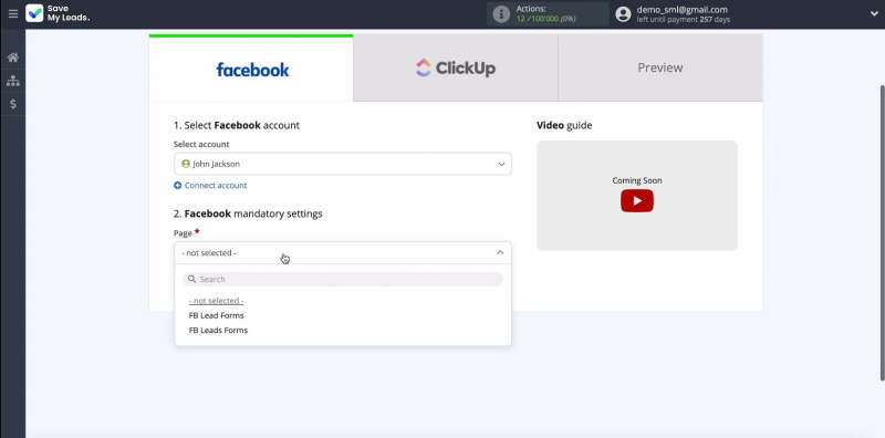 Facebook and ClickUp integration | Selecting an advertising page&nbsp;
