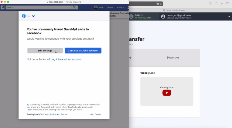 Facebook and Sendinblue integration | Click Edit settings