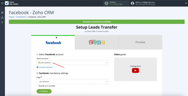 Facebook Lead Ads and Zoho CRM integration | Select the connected account