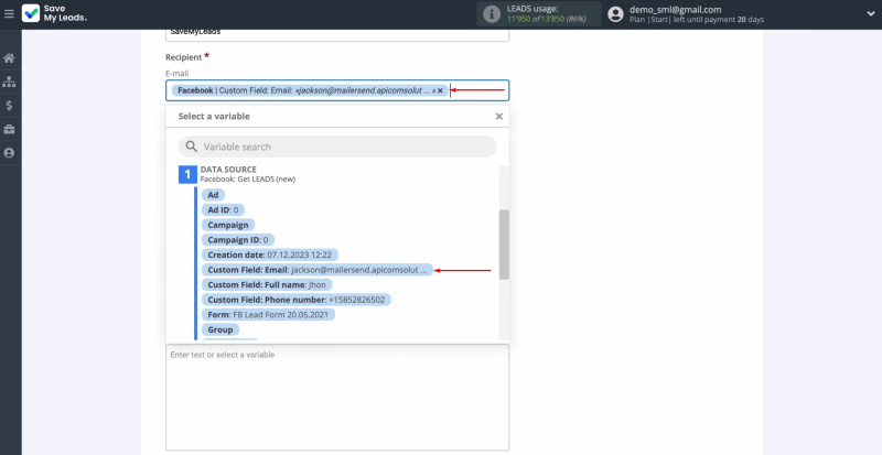 Facebook and MailerSend integration | Сlick in the field and select a variable from the drop-down list