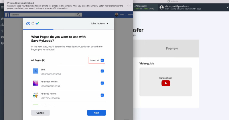 Facebook and Instantly integration | Mark all advertising pages