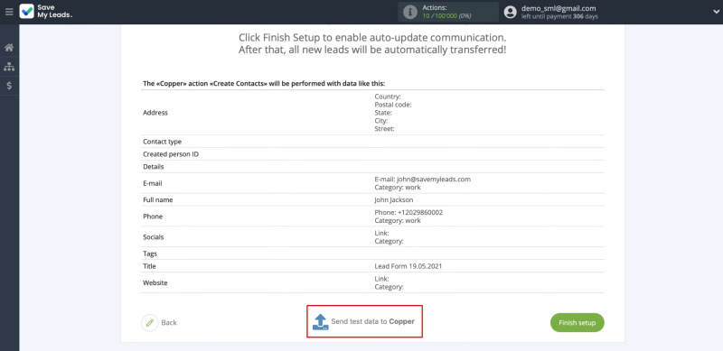 Facebook and Copper integration | Click “Send test data to Copper”
