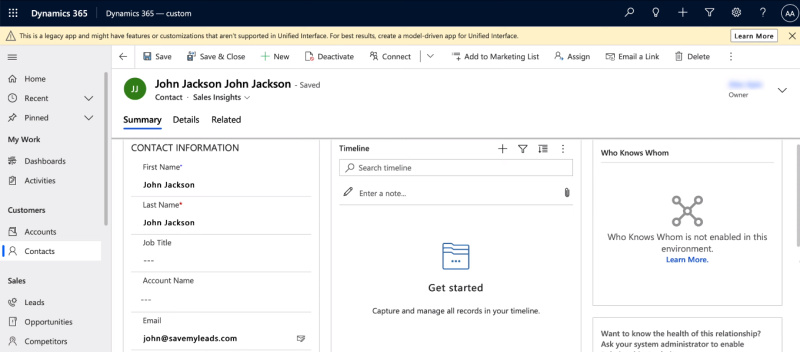 Facebook and Microsoft Dynamics 365&nbsp;integration | Contact in CRM