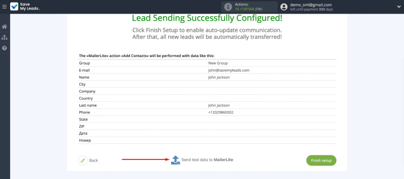 Facebook and MailerLite integration | Send a test lead