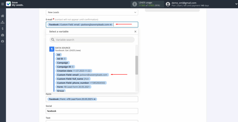 Sendlane and Facebook integration | Select a variable from the drop-down list