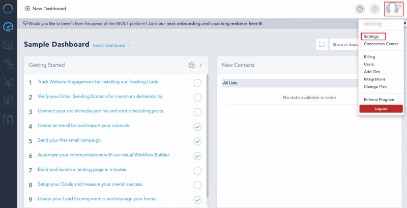 Facebook and Vbout integration | Go to the “Settings” section on your personal Vbout account