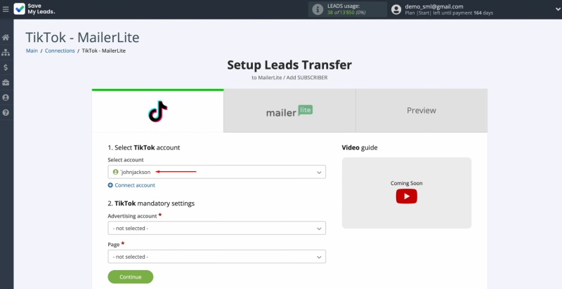 TikTok and MailerLite integration | Select the connected account