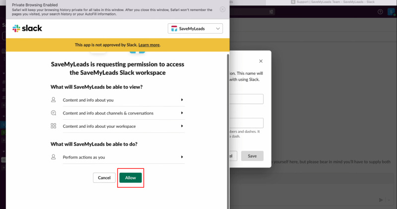 Google Lead Form and Slack integration | Grant SaveMyLeads permission to work with your Slack account