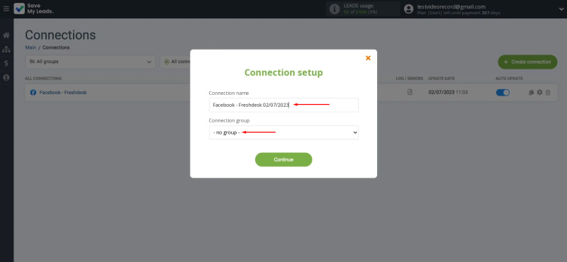 Facebook and Freshdesk integration | Change the connection name and add it to a group