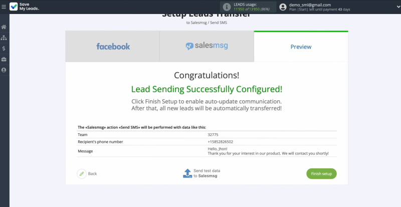 Salesmsg and Facebook integration | Click “Finish setup”