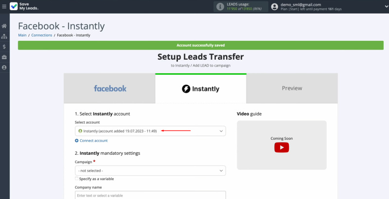 Instantly and Facebook Lead Ads integration | Select the connected account