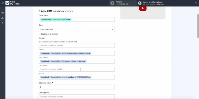 Facebook and AgileCRM integration | Fields with Variables