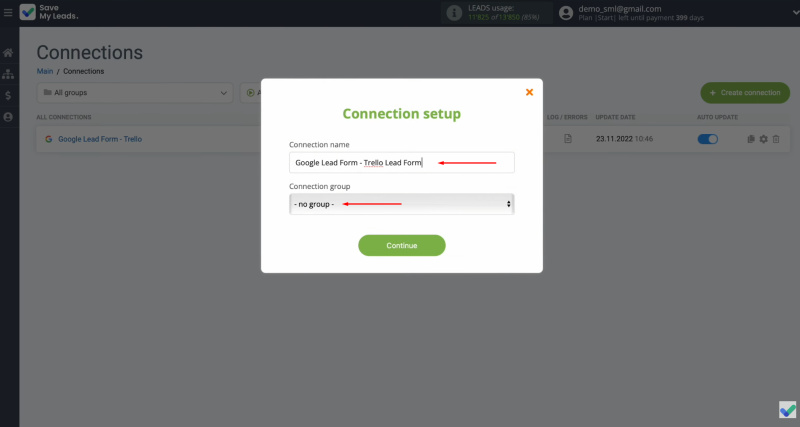 Google Lead Form and Trello integration | Change the connection name, add it to a group, and click "Continue"