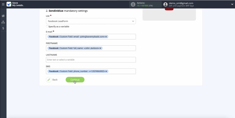 Facebook and Sendinblue integration | Continue the setup&nbsp;
