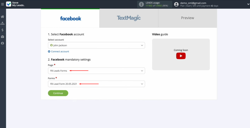 Textmagic and Facebook integration | Select the connected account