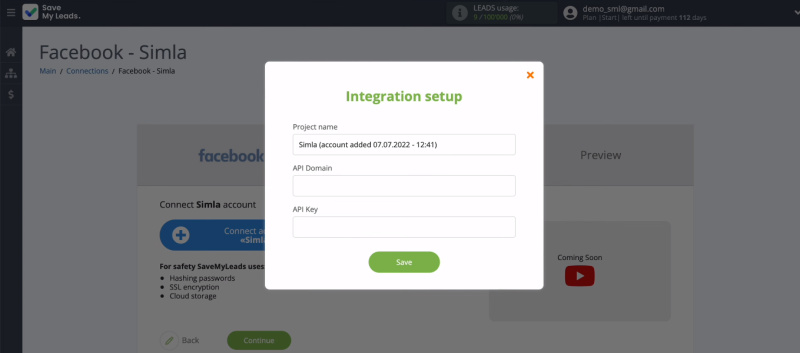 Facebook and Simla integration | The “API Domain” and “API Key” fields