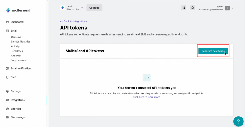 Facebook and MailerSend integration | You can click “Generate new token”