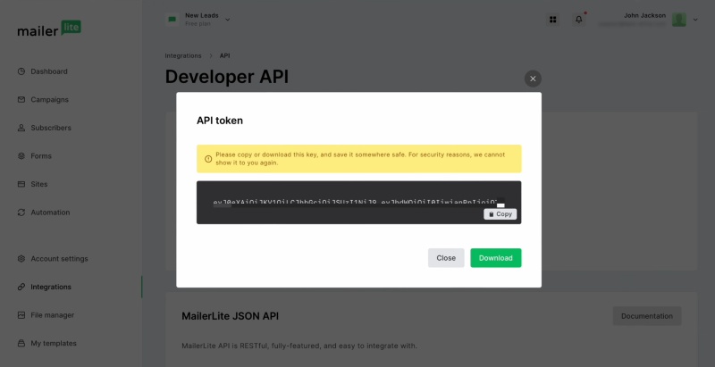 MailerLite and TikTok integration | Copy the API token