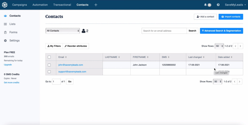 Facebook and Sendinblue integration | Result test connection