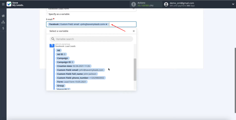 Facebook and ConvertKit integration | Select a variable from the list
