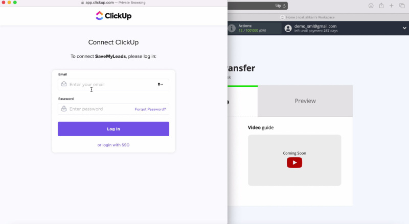 Facebook and ClickUp integration | Enter your username and password