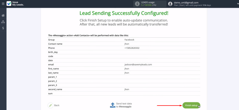 Facebook and Messaggio integration | Turn on auto-update data — click "Finish setup"