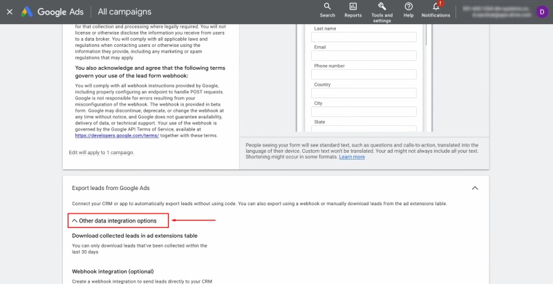 Google Ads Lead Form and Pipedrive integration | Navigate to the "Other data integration options" section