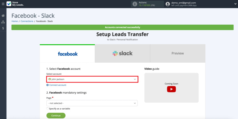 How to set up the upload of new leads from Facebook ad account to Slack private messages | Selecting our Facebook ad account