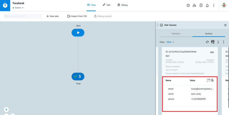 How to set up uploading new leads from a Facebook ad account in Corezoid | An example of data transferred from Facebook to Corezoid using SaveMyLeads