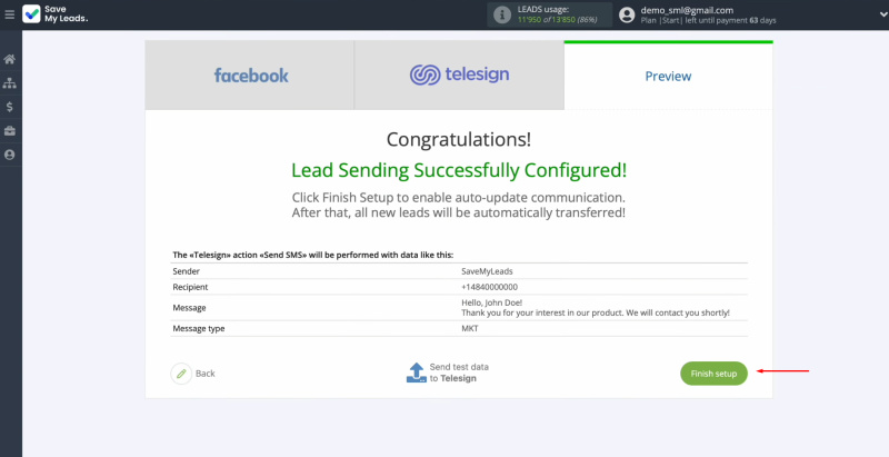 Telesign and Facebook integration | Click “Finish setup”