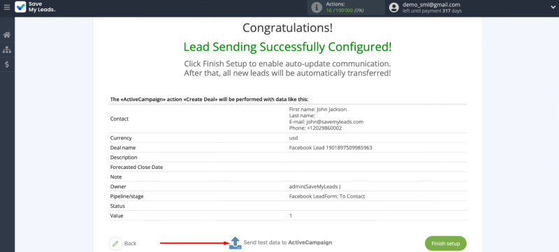 Facebook and ActiveCampaign integration | Send test data to ActiveCampaign