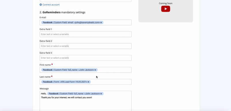 Facebook and GoReminders integration | Set the variables