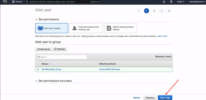 Facebook and Amazon SES integration | Click "Next: Tags"