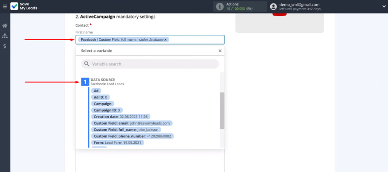 Facebook and ActiveCampaign integration | Facebook variables