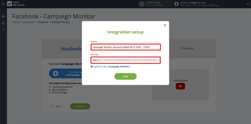 Facebook and Campaign Monitor integration | Entering data to connect