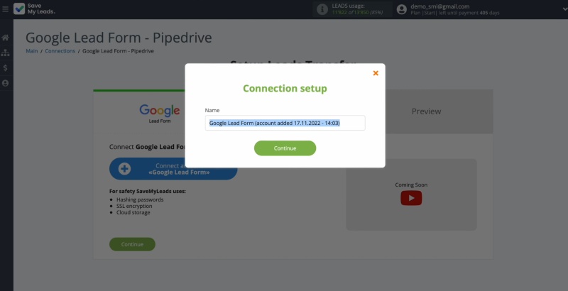 Google Ads Lead Form and Pipedrive integration | Name this account or click "Continue"